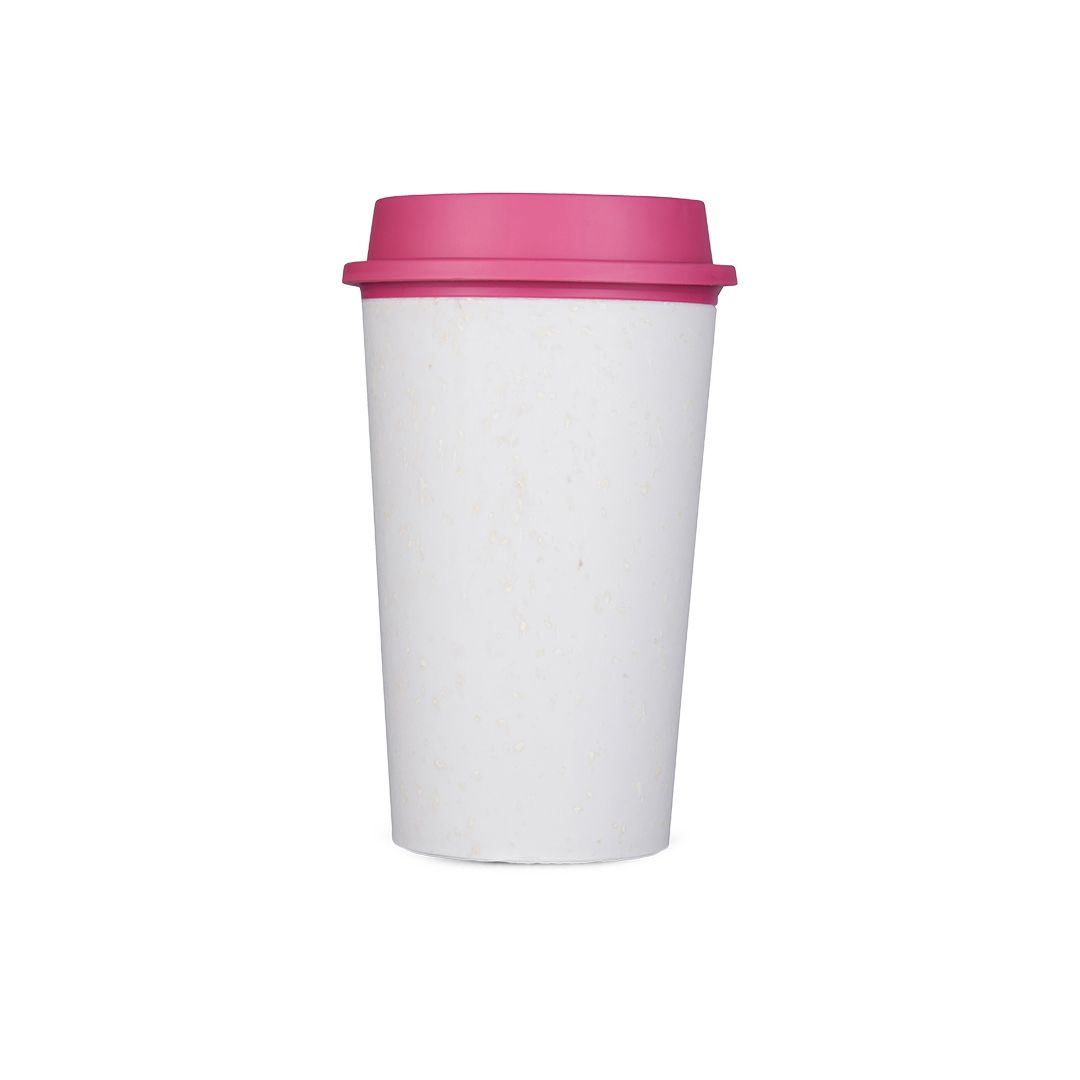 white reusable cup with pink lid